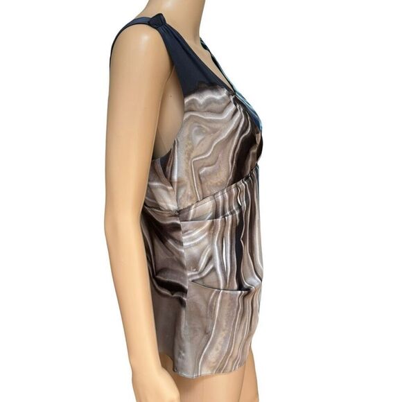 Elie Tahari Blouse Silk Sleeveless Blue Black Swirl Satin Abstract Top size M - Picture 2 of 8